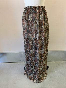 N/L, Brown, Beige, Rust Orange, Forest Green, Synthetic, Floral, Sheer/Open Knit, Chemically Pleated Texture, Elastic Waist, Ankle Length