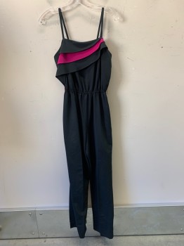 STUDIO E, Black, Magenta Purple, Polyester, Solid, Straps, 3 Layers of Ruffles at Bust, 1 Middle Magenta Ruffle, Elastic Waistband, Zip Back, 2 Pockets