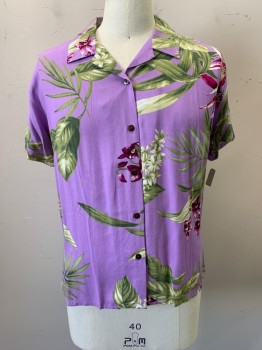 HIBISCUS COLLECTION, Orchid Purple, Lt Green, White, Aubergine Purple, Rayon, Hawaiian Print, Floral, Lilac Background with Hibiscus Flowers, Collar Attached, Button Front, Short Sleeves