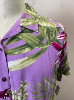 HIBISCUS COLLECTION, Orchid Purple, Lt Green, White, Aubergine Purple, Rayon, Hawaiian Print, Floral, Lilac Background with Hibiscus Flowers, Collar Attached, Button Front, Short Sleeves