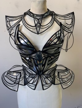 DIVAMP COUTURE, Silver, Clear, Black, Plastic, Sexy Bustier with Attached Hip/Pannier Panels, Mirrored Silver Metallic Bust with Black Edges, Molded Bust Panel with Shaped Cups, Strapless, Adjustable Elastic Strap at Waist