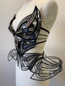 DIVAMP COUTURE, Silver, Clear, Black, Plastic, Sexy Bustier with Attached Hip/Pannier Panels, Mirrored Silver Metallic Bust with Black Edges, Molded Bust Panel with Shaped Cups, Strapless, Adjustable Elastic Strap at Waist