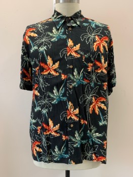 RON CHERESKIN, Black, Orange, Multi-color, Rayon, Hawaiian Print, C.A., B.F., S/S, 1 Patch Pckt, Dark Olive, Red Orange, And Teal Blue Palm Trees, Olive Outline Of Palm Trees
