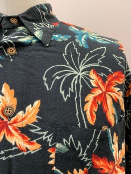 RON CHERESKIN, Black, Orange, Multi-color, Rayon, Hawaiian Print, C.A., B.F., S/S, 1 Patch Pckt, Dark Olive, Red Orange, And Teal Blue Palm Trees, Olive Outline Of Palm Trees