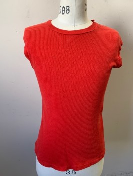 FULL TIME, Red, Cotton, Solid, Waffle Texture Jersey, Crew Neck, Sleeveless, Rib Knit Arm Openings,