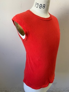 FULL TIME, Red, Cotton, Solid, Waffle Texture Jersey, Crew Neck, Sleeveless, Rib Knit Arm Openings,