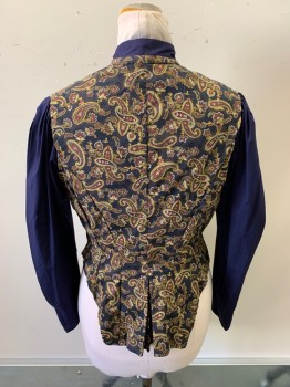 MTO, Navy Blue, Multi-color, Cotton, Paisley/Swirls, Color Blocking, Button Front, Mandarin Collar, Pleated Front, Back Peplum