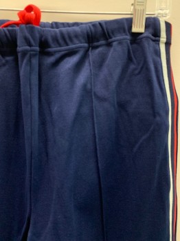 HERBERT JOHN, Navy Blue, Multi-color, Nylon, Stripes, Drawstring Waistband, 1 Back Zipper Pocket, Zippers On Legs, Red And White Stripes Down Legs