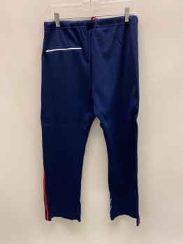 HERBERT JOHN, Navy Blue, Multi-color, Nylon, Stripes, Drawstring Waistband, 1 Back Zipper Pocket, Zippers On Legs, Red And White Stripes Down Legs