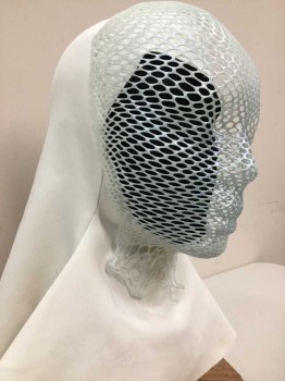 Ice Blue, White, Plastic, Nylon, Geometric, Solid, Iridescent Plastic Vacu formed Face Attached To White Neoprene Hood, Double,