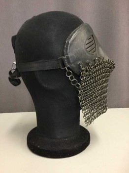 Black, Leather, Metallic/Metal, Leather Coated Half Face Mask With Chain Mail Lower