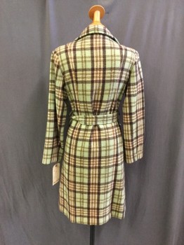 SPIEWAK, Sage Green, Brown, Lt Pink, Yellow, Wool, Plaid, Single Breasted, 4 Pockets, 2 Pockets, Notched Lapel, Knee Length