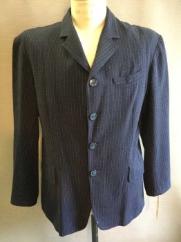 NO LABEL, Navy Blue, White, Wool, Stripes - Pin, Single Breasted, 4 Button Front, 3 Pockets,