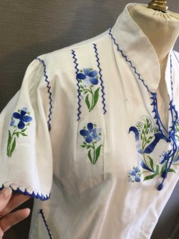 N/L, White, Blue, Green, Lt Blue, Cotton, Floral, Short Sleeve,  2 Pockets, Floral Embroidery, Stand Collar, Tie At Neck