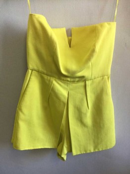 TOPSHOP, Chartreuse Green, Polyester, Solid, Strapless, Ribbed Poly Silk, Shorts Romper, V-slit Center Front, Zip Back, Front Skirt-like Pleated Panels