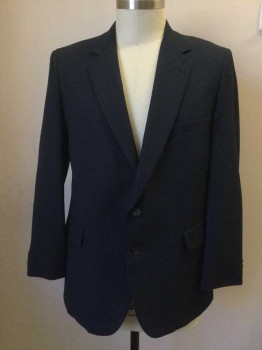 FULTON PARK, Navy Blue, White, Polyester, Stripes - Pin, Single Breasted, Collar Attached, Notched Lapel, 3 Pockets, 2 Buttons,