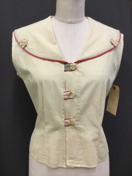 N/L, Tan Brown, Cotton, Solid, Large Open Collar Attached W/raspberry Trim and Center Front W/all Matching Button and Matching Yoke Back, Sleeveless, 3 Button Front,