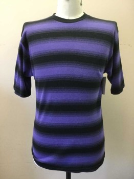 COMMON THREADS, Purple, Black, Poly/Cotton, Stripes, Short Sleeves, Solid Black Ribbed Knit Collar