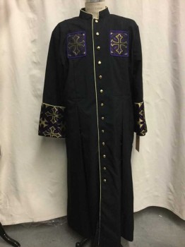 MURPHY ROBES, Black, Purple, Gold, Synthetic, Novelty Pattern, Black, Gold Button Front, Gold/ Purple Cross Print, Purple Braided Detail, Gold Rope Trim