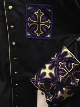MURPHY ROBES, Black, Purple, Gold, Synthetic, Novelty Pattern, Black, Gold Button Front, Gold/ Purple Cross Print, Purple Braided Detail, Gold Rope Trim