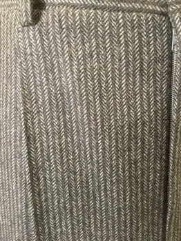 N/L, Brown, Cream, Black, Wool, Herringbone, Stripes - Vertical , Double Pleats, Wide Full Legs, Cuffed, Belt Loops, Zip Front, 2 Hip Pocket, Suspender Buttons on Inside of Waistband,