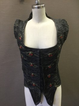 N/L, Black, Red, Bronze Metallic, Leather, Plastic, Novelty Pattern, Corset, Black Folded Skin Texture Leather with Red Plastic Eyeballs with Black Thin Iris (Like a Cat's Eye) Throughout, Bronze Painted Accents, Built Over Top of Existing Leather Corset Top with Busk Front, Lace Up Back, Sleeveless