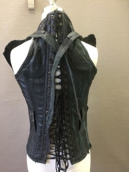 N/L, Black, Red, Bronze Metallic, Leather, Plastic, Novelty Pattern, Corset, Black Folded Skin Texture Leather with Red Plastic Eyeballs with Black Thin Iris (Like a Cat's Eye) Throughout, Bronze Painted Accents, Built Over Top of Existing Leather Corset Top with Busk Front, Lace Up Back, Sleeveless