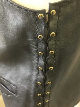 N/L, Black, Leather, Solid, Snap Front, Gold Snaps, Lace Up Detail at Sides with Gold Grommets, Western Style Pointed Yoke, V-neck, 3 Welt Pockets with Triangular Seam Detail