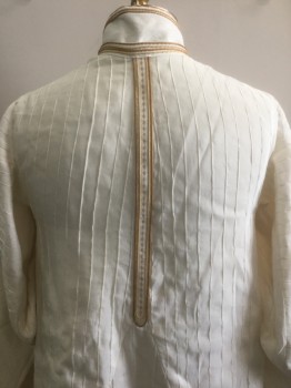 N/L MTO, Off White, Tan Brown, Caramel Brown, Silk, Solid, Stripes - Vertical , Off White with Vertical Tiny Pin Tucks Texture, Stripes of Caramel and Tan Piping at Stand Collar, Front Opening, Etc, Open at Center Front with No Closures, Floor Length, Wide Sleeves with Curved Hand Openings, Egyptian Inspired