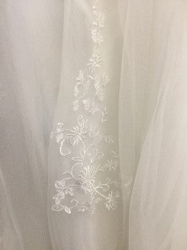 NL, White, Polyester, Silk, Solid, Floral, Strapless with Pleated Bodice Basket Weave, Sheer Netting with White Floral Embroidery, Full Skirt with Train, Zip Back