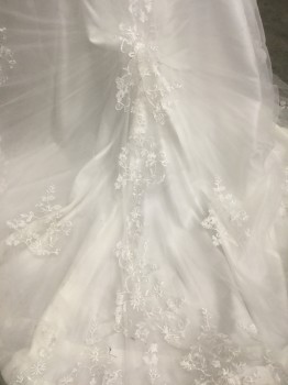 NL, White, Polyester, Silk, Solid, Floral, Strapless with Pleated Bodice Basket Weave, Sheer Netting with White Floral Embroidery, Full Skirt with Train, Zip Back