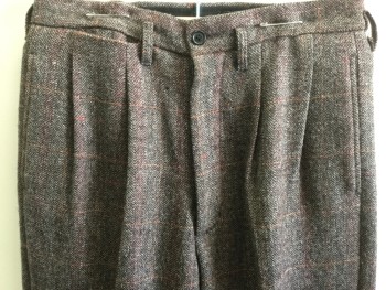 MTO, Brown, Rust Orange, Red, Taupe, Wool, Plaid-  Windowpane, Double Pleats, Welt Pocket, Belt Loops, Cuffs, Suspender Buttons,