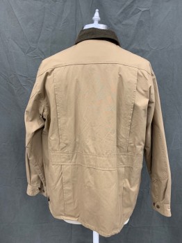 ORVIS, Khaki Brown, Cotton, Solid, Zip Front with Hidden Button Placket, Dark Brown Corduroy Collar, 4 Pockets, Reinforced Shoulder/Elbows, Button Cuff, Back Pleats and Zip Pockets