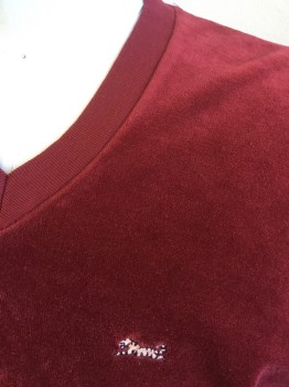 LE TIGRE, Wine Red, Cotton, Polyester, Solid, Fine Ribbed Knit V-neck, Long Sleeves Cuffs & Hem
