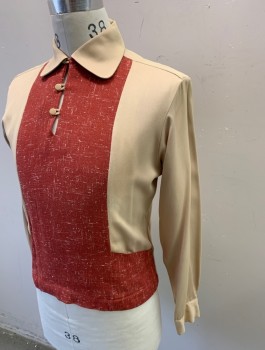 HOLLYWOOD RAMBLER, Beige, Brick Red, Cotton, Silk, Color Blocking, Speckled, Long Sleeves, Pullover, Brick Red Panel at Center Front with White Streaks/Slubbed Texture, Rounded Collar, 3 Button and Loop Closures at Neck, Wool Rib Knit Waistband Center Back,