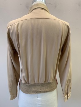 HOLLYWOOD RAMBLER, Beige, Brick Red, Cotton, Silk, Color Blocking, Speckled, Long Sleeves, Pullover, Brick Red Panel at Center Front with White Streaks/Slubbed Texture, Rounded Collar, 3 Button and Loop Closures at Neck, Wool Rib Knit Waistband Center Back,