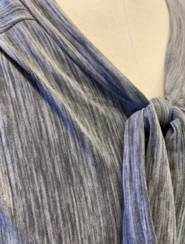 LIZ MCCOY, Gray, Polyester, Spandex, Heathered, Stretchy, Streaked Pattern, 3/4 Sleeves, Pullover, Round Neck with Self Tie Bow, Gathered at Shoulder Seam