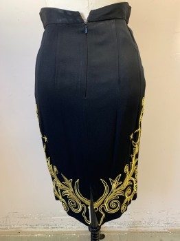 OZBEK, Black, Acetate, Rayon, Pencil Skirt, Gold Embroidery Star & Crescent Shapes, Back Zipper