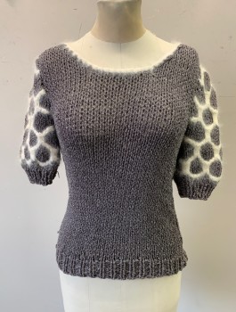 JOYCE, Espresso Brown, Cream, Ramie, Angora, Speckled, Knit, Pullover, 1/2 Sleeves with White Fluffy Honeycomb Circles Pattern, Scoop Neck, with White Trim, Early 1980's