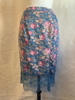 FREE PEOPLE, Denim Blue, Tan Brown, Red Burgundy, Steel Blue, Polyester, Rayon, Floral, Gored, 1.25" Waistband, Side Zip, Steel Blue Lace 7" Hem, Off Center Front Slit