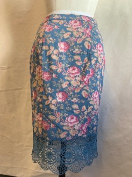 FREE PEOPLE, Denim Blue, Tan Brown, Red Burgundy, Steel Blue, Polyester, Rayon, Floral, Gored, 1.25" Waistband, Side Zip, Steel Blue Lace 7" Hem, Off Center Front Slit