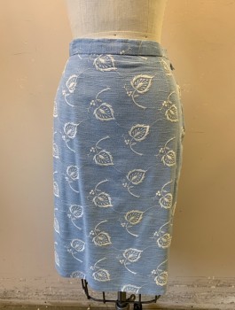 N/L, Powder Blue, White, Cotton, Leaves/Vines , Pencil Skirt, Leaf and Berry White Embroidered Pattern, 1" Wide Waistband, Darts at Waist, Knee Length, Side Zipper