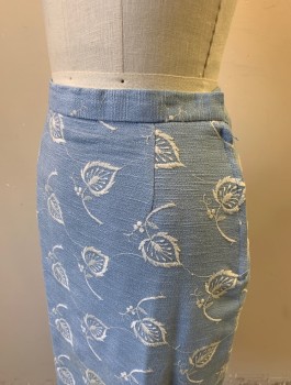 N/L, Powder Blue, White, Cotton, Leaves/Vines , Pencil Skirt, Leaf and Berry White Embroidered Pattern, 1" Wide Waistband, Darts at Waist, Knee Length, Side Zipper