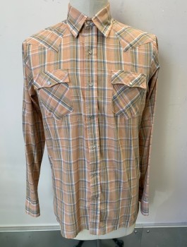 CORZINI, Beige, Tan Brown, Brown, Lt Blue, Cotton, Plaid, Subtle Metallic Stripes, L/S, Snap Front, Collar Attached, 2 Pockets with Flaps, Western Style Yoke