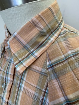 CORZINI, Beige, Tan Brown, Brown, Lt Blue, Cotton, Plaid, Subtle Metallic Stripes, L/S, Snap Front, Collar Attached, 2 Pockets with Flaps, Western Style Yoke