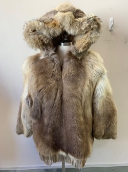 N/L, Beige, Brown, Ivory White, Fur, Leather, Caribou Fur And Leather Fringe At Hem, Hood, Inuit, Heavy With Thick Fur. Made To Order,