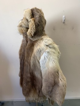 N/L, Beige, Brown, Ivory White, Fur, Leather, Caribou Fur And Leather Fringe At Hem, Hood, Inuit, Heavy With Thick Fur. Made To Order,