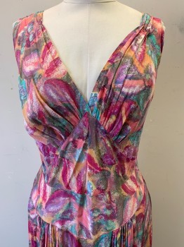 NO LABEL, Pink, Orange, Magenta Pink, Turquoise Blue, Purple, Polyester, Abstract , Sleeveless, V Neck, Pleated, Side Zipper