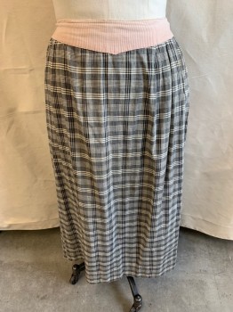 NL, Black, White, Cotton, Plaid, Pink & Off White Diagonal Stripes at Waistband, Wide Waistband, Drawstring Waist, Pleated Front, Hem Below Knee, *Small Stain on Left Front