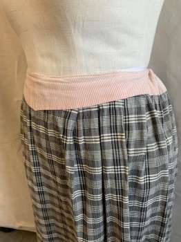 NL, Black, White, Cotton, Plaid, Pink & Off White Diagonal Stripes at Waistband, Wide Waistband, Drawstring Waist, Pleated Front, Hem Below Knee, *Small Stain on Left Front